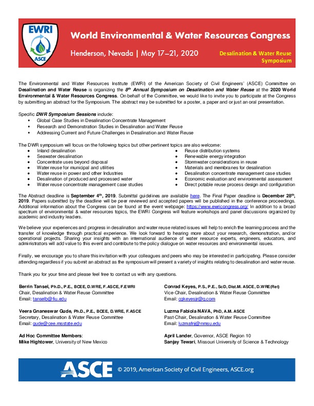 &nbsp;The Environmental and Water Resources Institute (EWRI) of the American Society of Civil Engineers&rsquo; (ASCE) Committee on Desalination ...