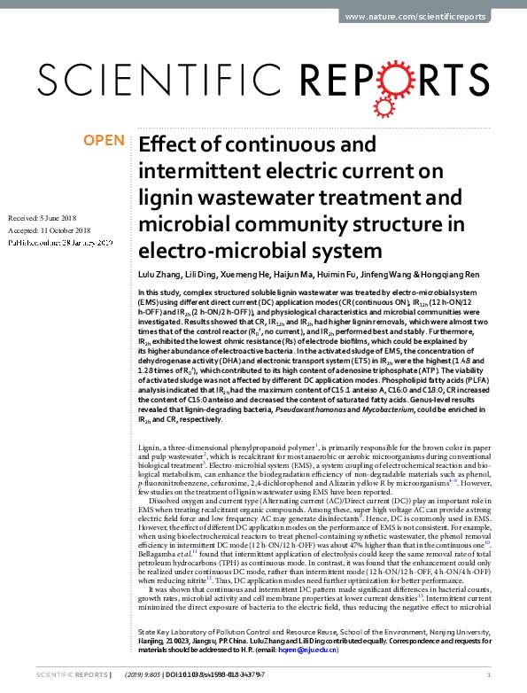 Effect of continuous and intermittent electric current on lignin wastewater treatment