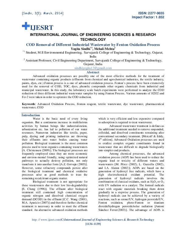 COD Removal of Different Industrial Wastewater by Fenton Oxidation Process