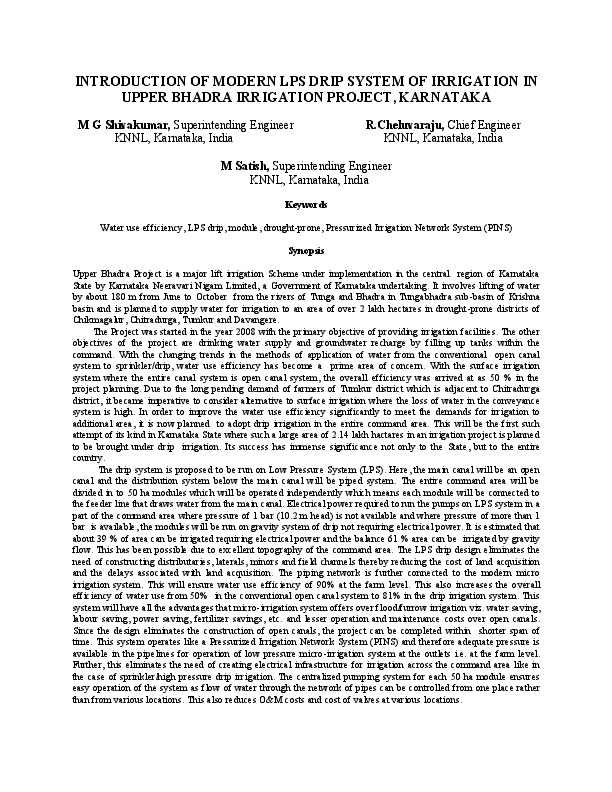 INTRODUCTION OF MODERN LPS DRIP SYSTEM OF IRRIGATION IN UPPER BHADRA IRRIGATION PROJECT, KARNATAKA