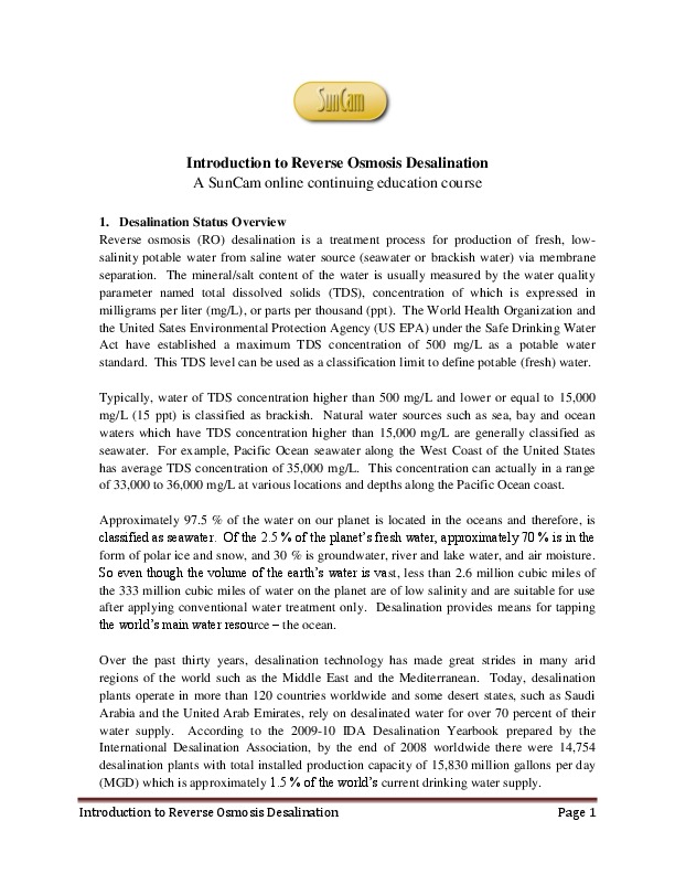 Introduction to Desalination Technology