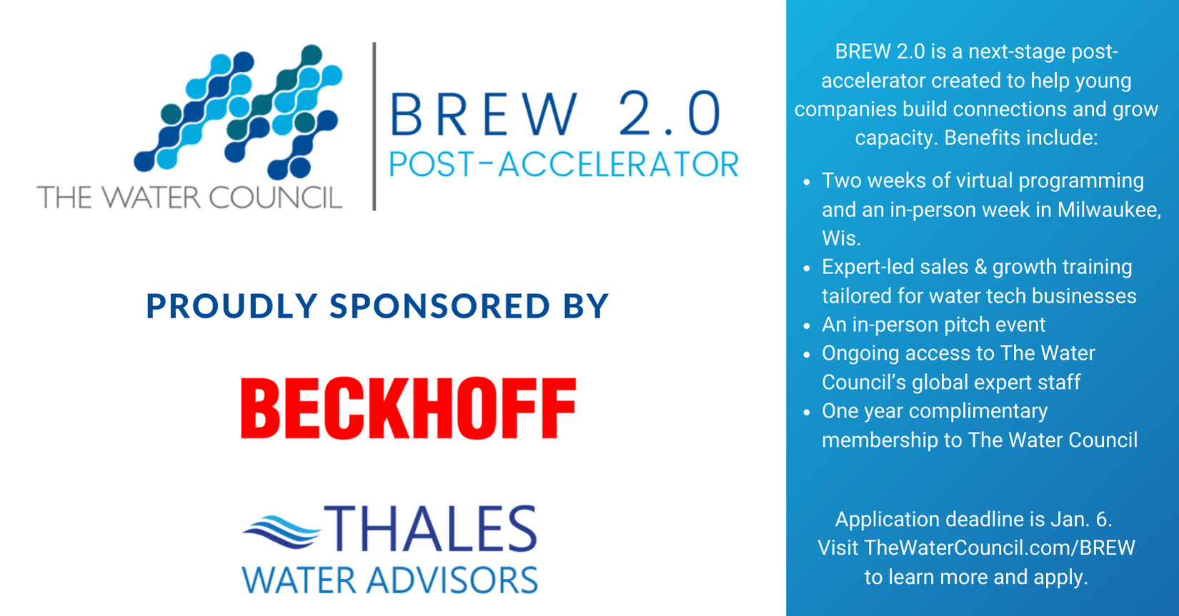 The BREW post accelerator program is accepting GLOBAL applications through January 6th for our 2023 cohort. Ten late-state, in market, water tec...