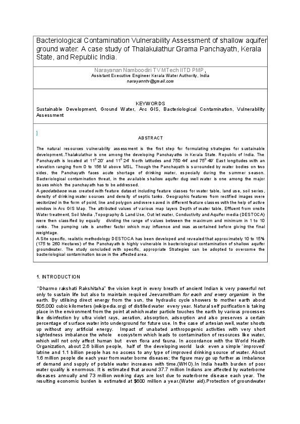 Bacteriological Contamination Vulnerability Assessment of shallow aquifer ground water: A case study of Thalakulathur Grama Panchayath, Kerala State, and Republic India