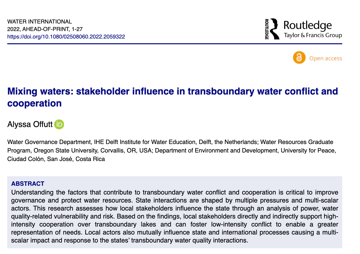Mixing waters: stakeholder influence in transboundary water conflict and cooperation