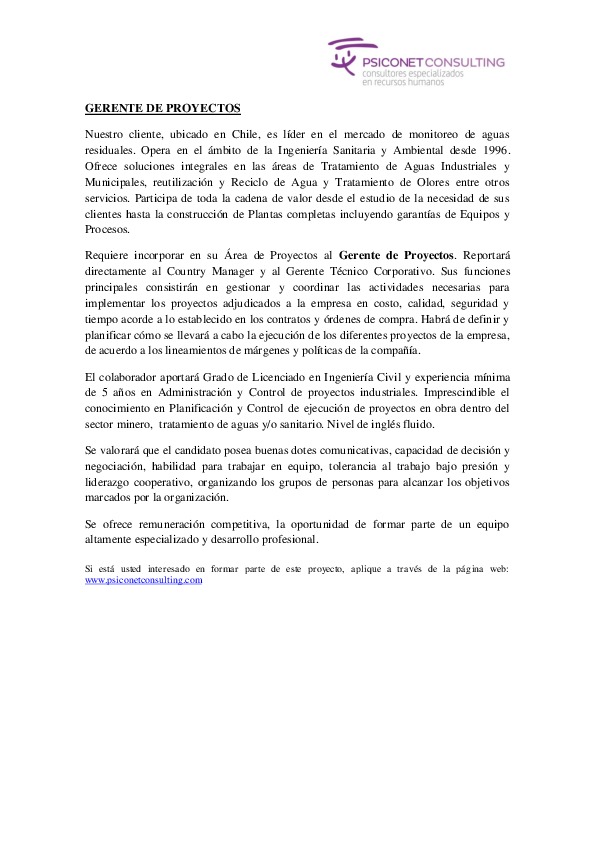 Buscamos: Gerente de Proyectos en Chile para empresa l&Atilde;&shy;der en el sector de Tratamiento de Aguas