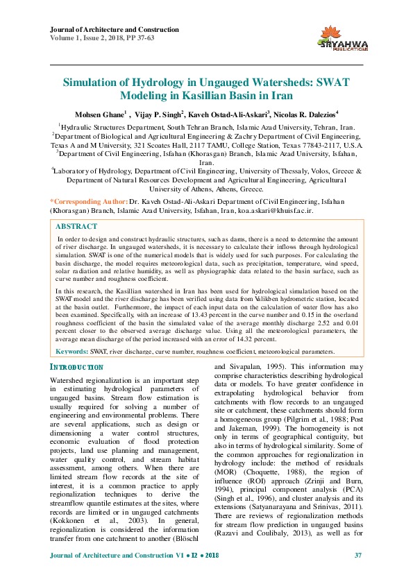 Simulation of Hydrology in Ungauged Watersheds: SWAT Modeling in Kasillian Basin in Iran