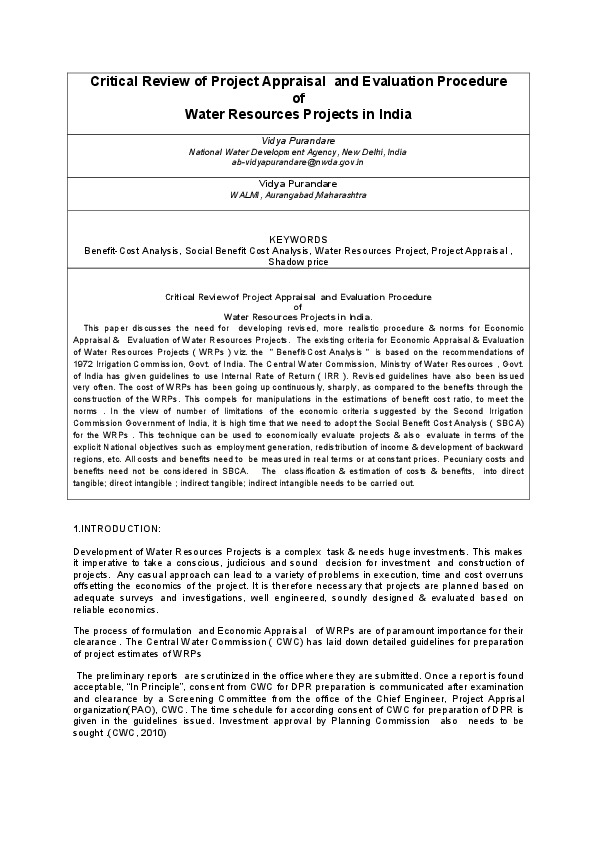 Critical Review of Project Appraisal and Evaluation Procedure of Water Resources Projects in India