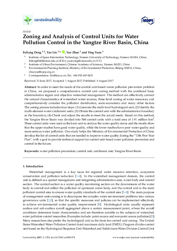 Zoning and Analysis of Control Units for Water Pollution Control in the Yangtze River Basin, China