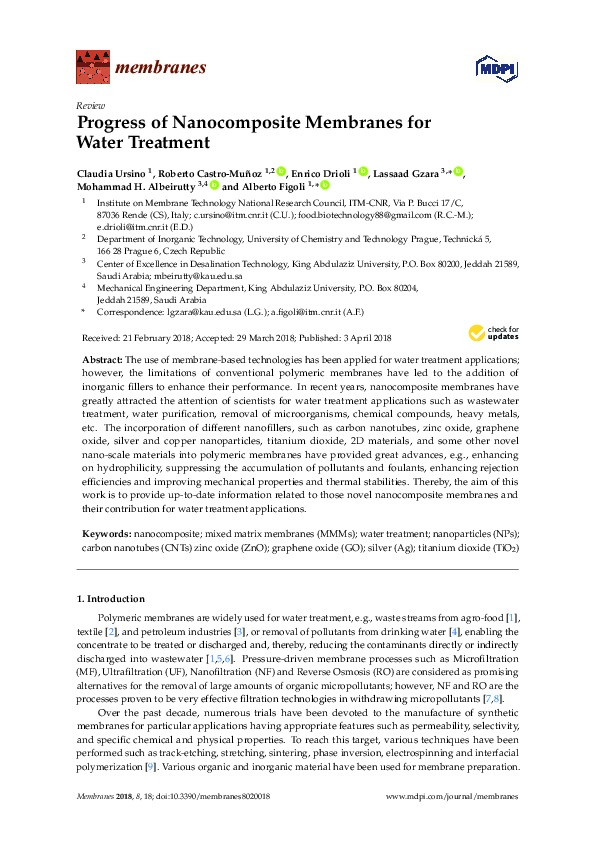 Progress of Nanocomposite Membranes for Water Treatment