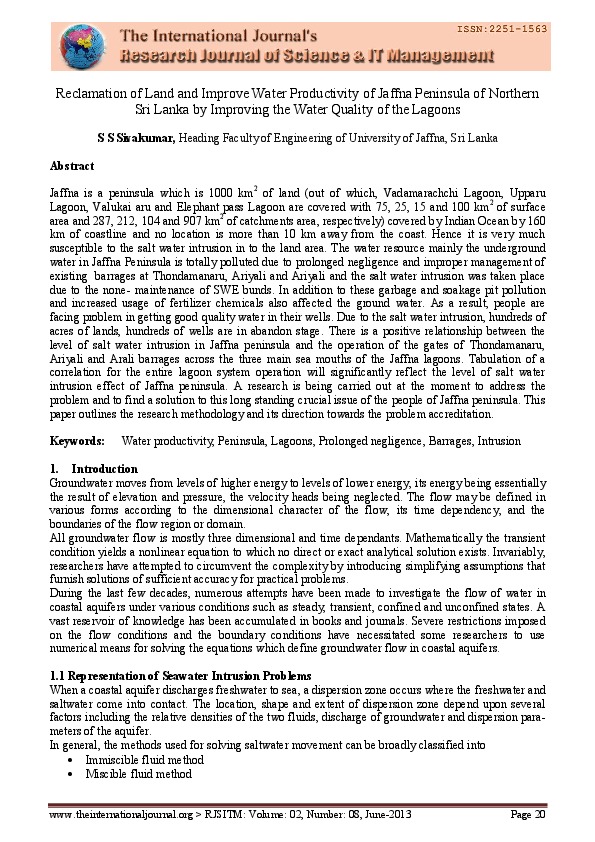 Reclamation of Land and Improve Water Productivity of Jaffna Peninsula of Northern Sri Lanka by Improving the Water Quality of the Lagoons