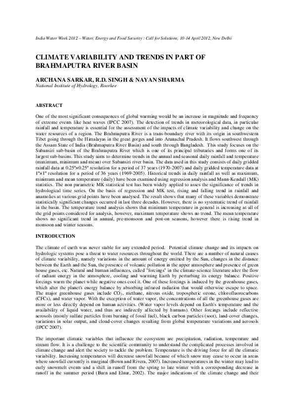 Climate Variability and Trends in Part of Brahmaputra River Basin