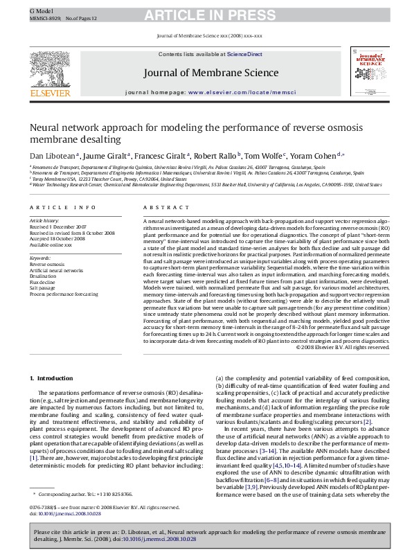 Neural network approach for modeling the performance of reverse osmosis membrane desalting