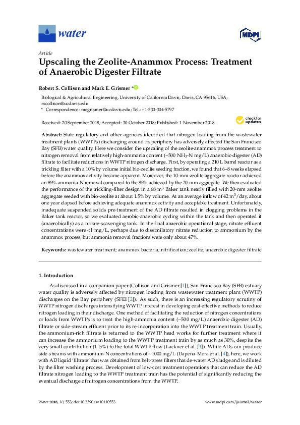 Upscaling the Zeolite-Anammox Process Treatment of Anaerobic Digester Filtrate