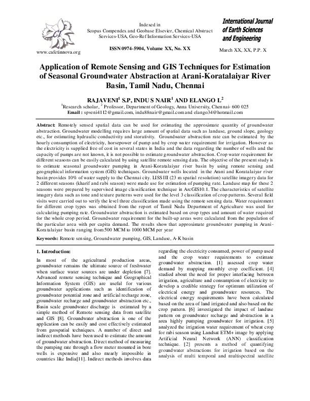 Application of Remote Sensing and GIS Techniques for Estimation of Seasonal Groundwater Abstraction at Arani-Koratalaiyar River Basin, Tamil Nadu, Chennai