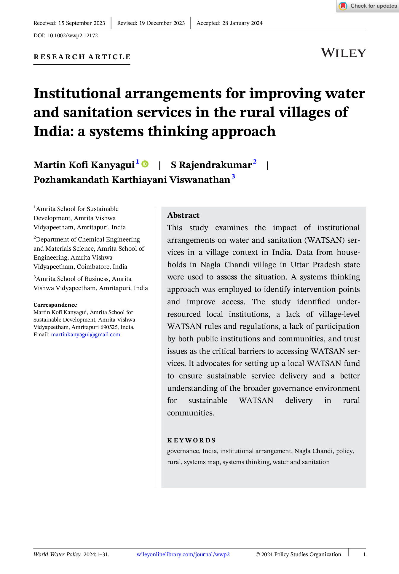 Institutional arrangements for improving water and sanitation services. A systems thinking approach