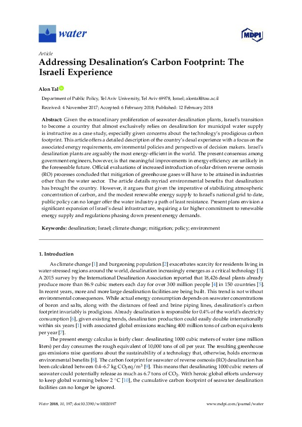 Addressing Desalination’s Carbon Footprint The Israeli Experience