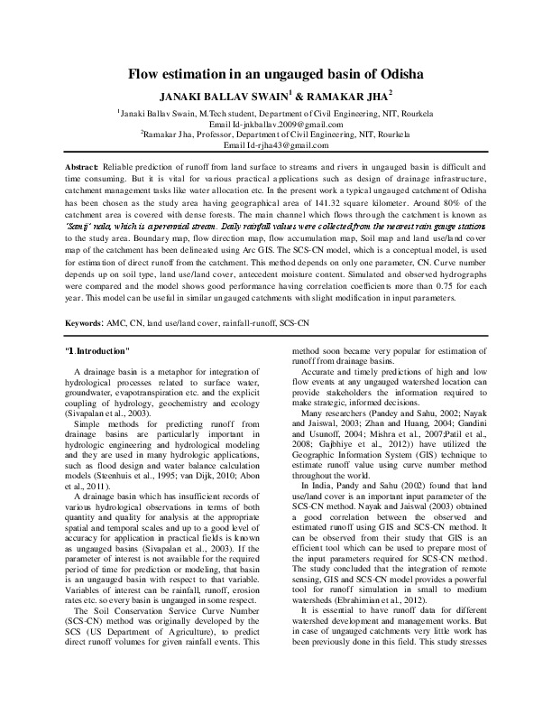 Flow estimation in an ungauged basin of Odisha