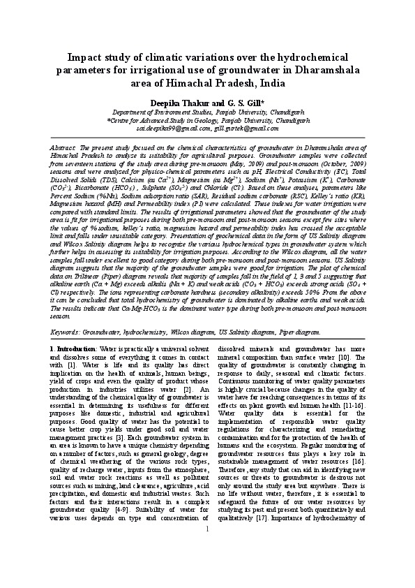 Impact study of climatic variations over the hydrochemical parameters for irrigational use of groundwater in Dharamshala area of Himachal Pradesh, India