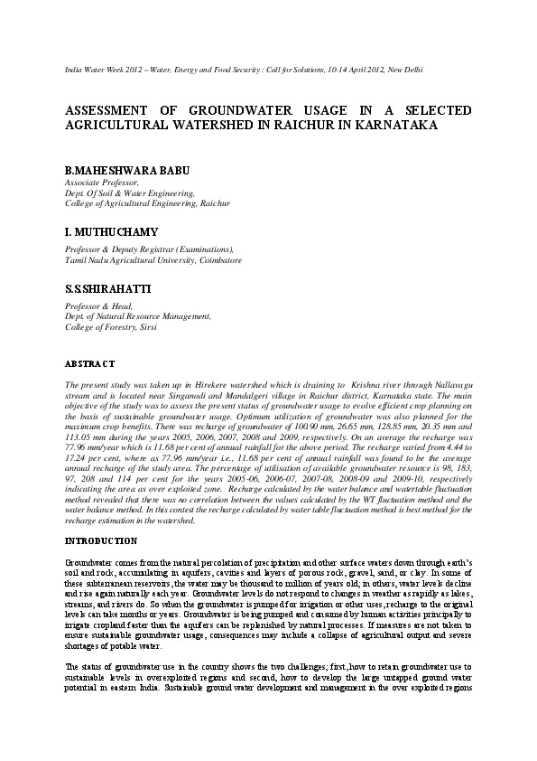 Assessment of Groundwater Usage in a Selected Agricultural Watershed in Raichur in Karnataka