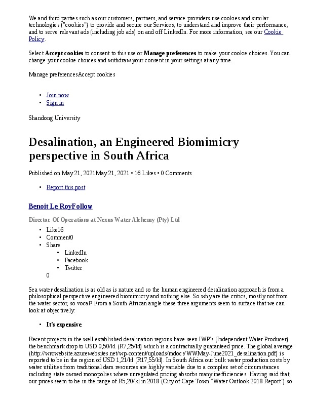 Sea water desalination is as old as is nature and so the human engineered desalination approach is from a philosophical perspective engineered b...