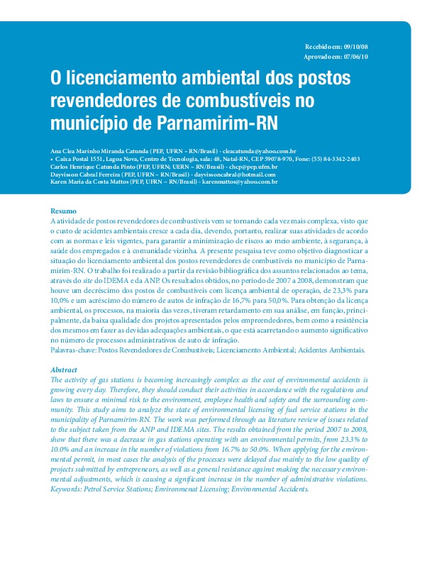 O licenciamento ambiental dos postos revendedores de combust&iacute;veis no munic&iacute;pio de Parnamirim-RN In Brazil