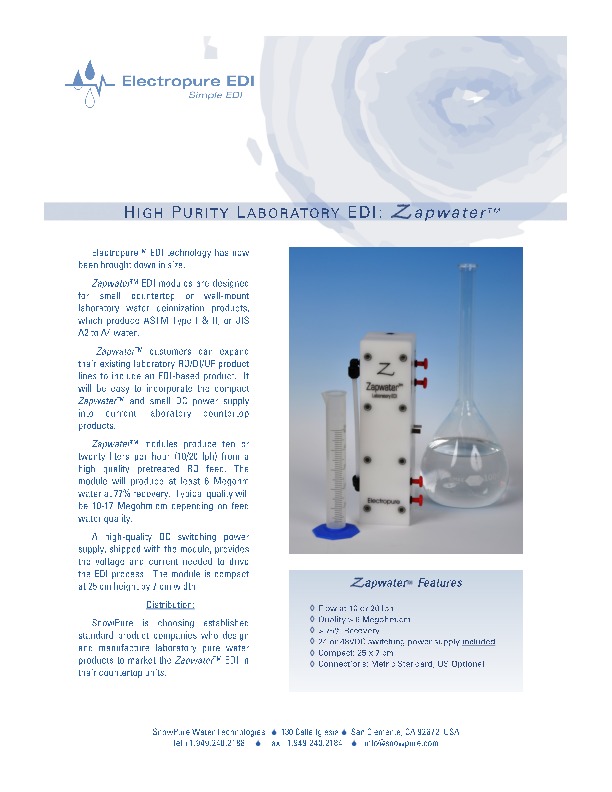 Zapwater EDI: Small Electrodeionization for Laboratory