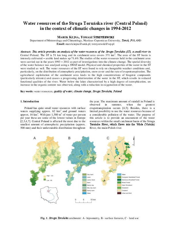 Water resources of the Struga Toruńska river (Central Poland) in the context of climatic changes in 1994-2012