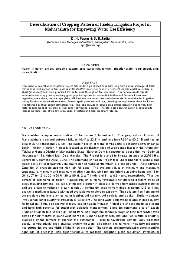 Diversification of Cropping Pattern of Itiadoh Irrigation Project in Maharashtra for Improving Water Use Efficiency