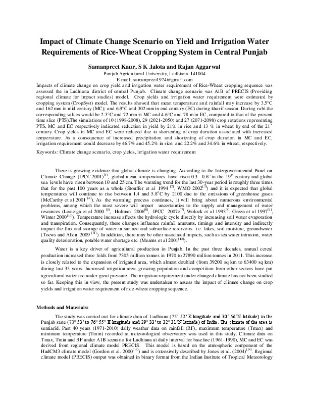 Impact of Climate Change Scenario on Yield and Irrigation Water Requirements of Rice-Wheat Cropping System in Central Punjab