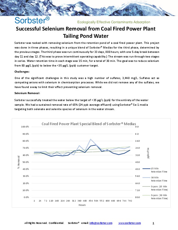 Read about our Successful Selenium Removal Study for a Coal Fired Power Plant Tailing Pond Water. This was a challenging project with a high lev...