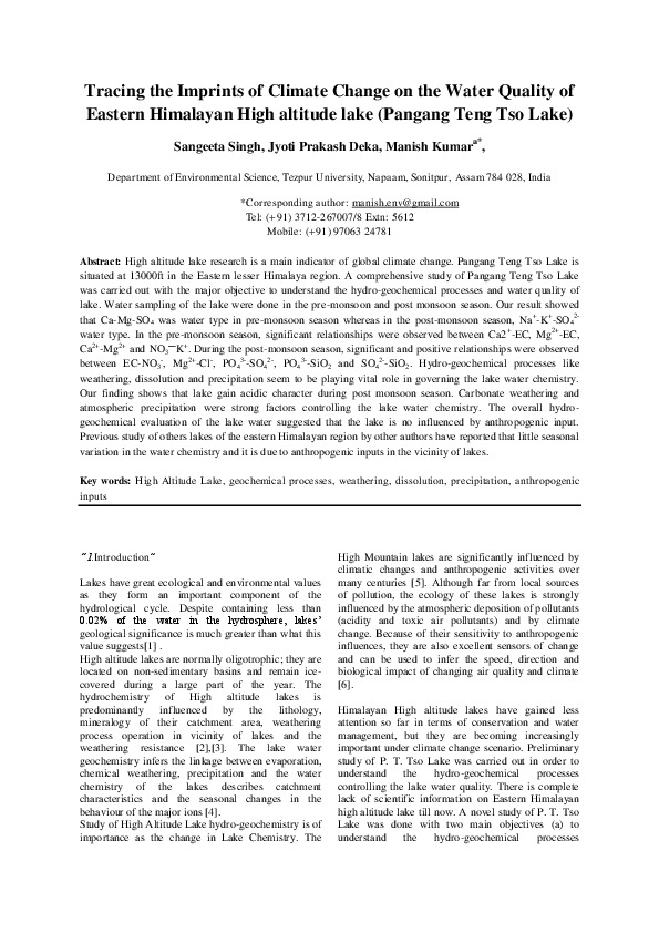 Tracing the Imprints of Climate Change on the Water Quality of Eastern Himalayan High altitude lake (Pangang Teng Tso Lake)