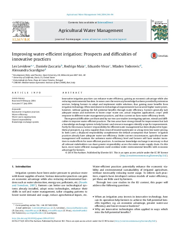 Improving Water-efficient Irrigation: Prospects & Difficulties of Innovative Practices