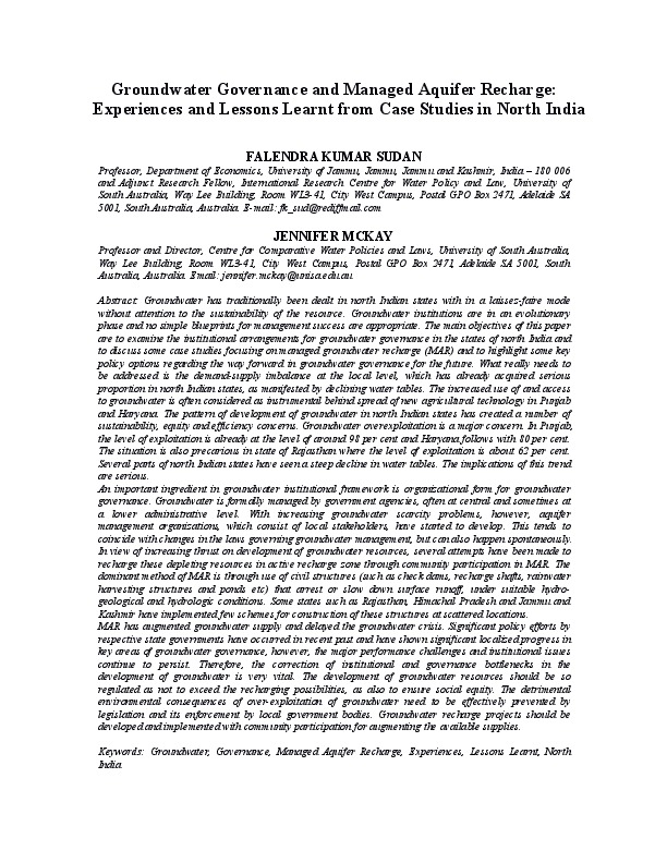 Groundwater Governance and Managed Aquifer Recharge: Experiences and Lessons Learnt from Case Studies in North India