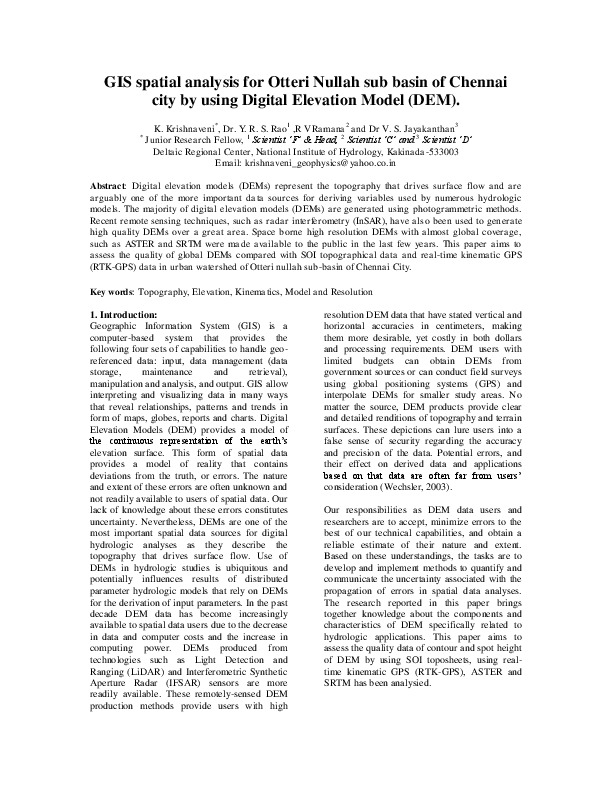 GIS spatial analysis for Otteri Nullah sub basin of Chennai city by using Digital Elevation Model (DEM)