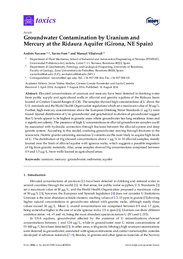 Groundwater Contamination by Uranium and Mercury at the Ridaura Aquifer (Girona, NE Spain)