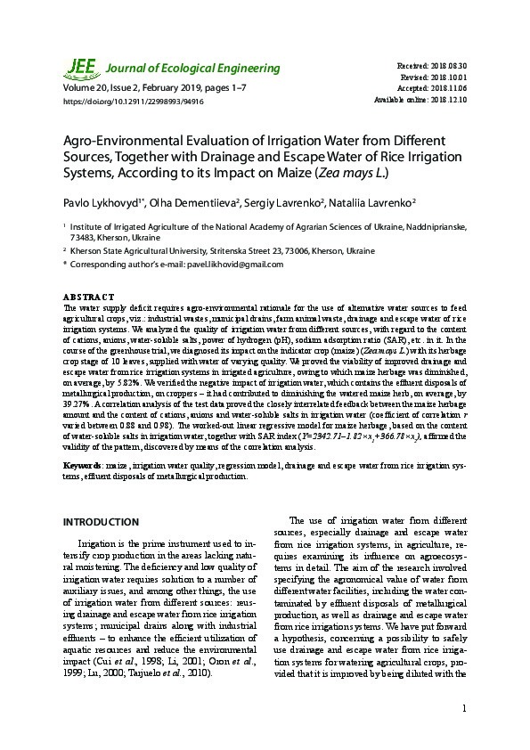 Agro-Environmental Evaluation of Irrigation Water from Different Sources