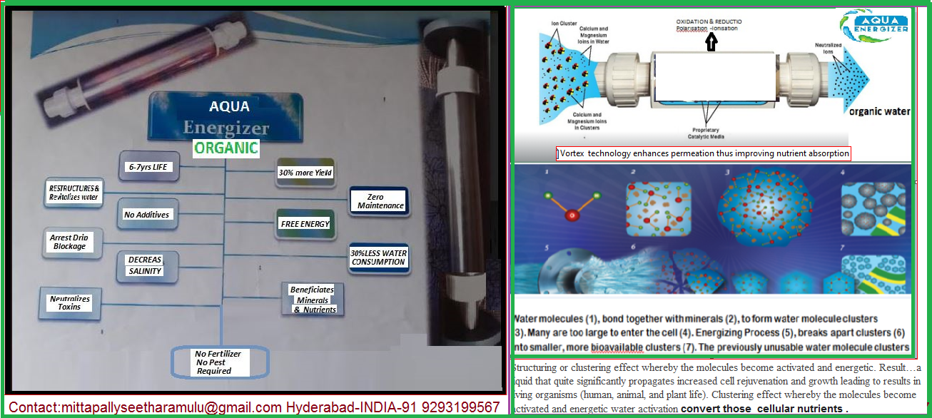 AQUA ENERGIZER for sustainable agriculture water converter without use of Fertilizer & Pest. Resulting farm yield more by 30-50%