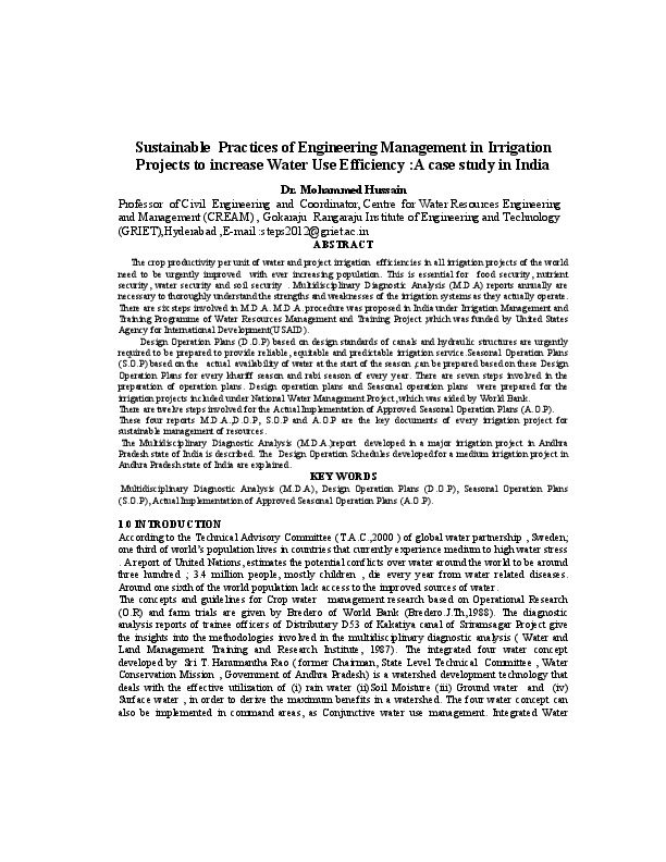 Sustainable Practices of Engineering Management in Irrigation Projects to increase Water Use Efficiency :A case study in India