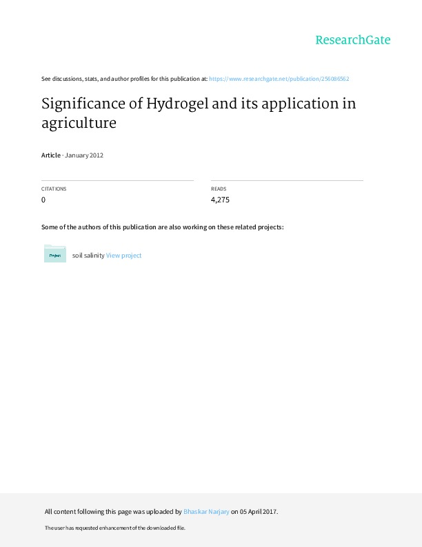 Significance of Hydrogel and its application in agriculture