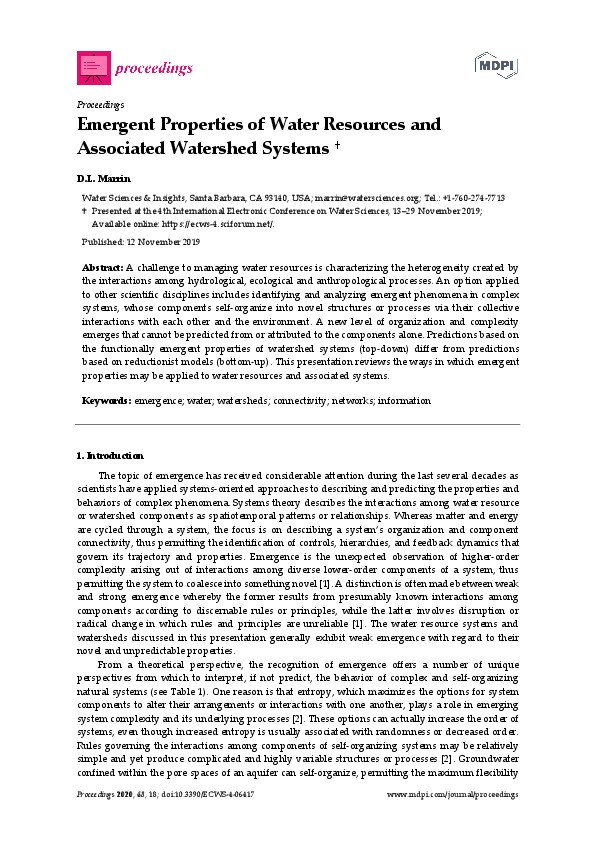 Emergent Properties of Water Resources and Associated Watershed Systems