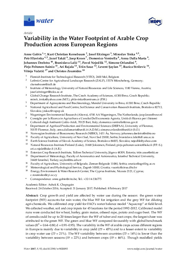 Variability in the Water Footprint of Arable Crop Production across European Regions