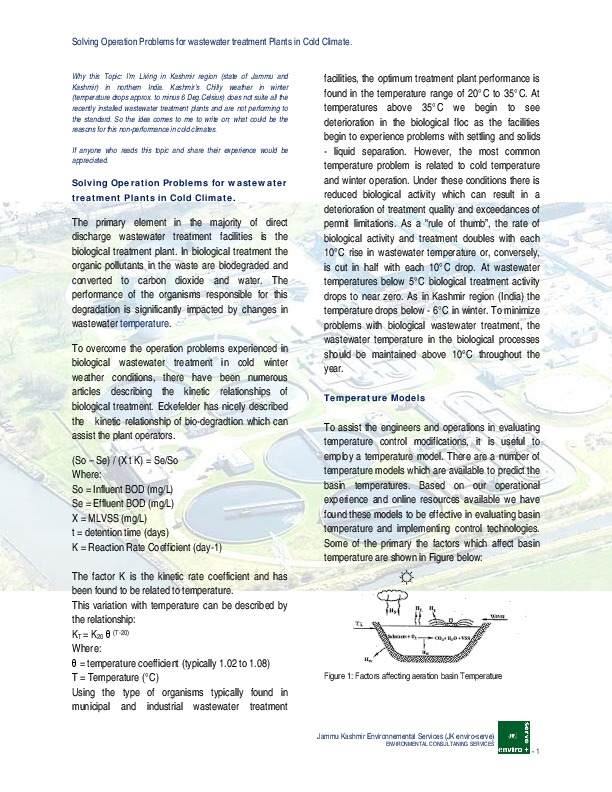 Solving Operation Problems of wastewater treatment plant in cold climate regions