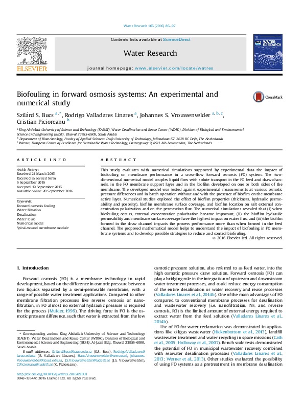 Biofouling in Forward Osmosis Systems: An Experimental and Numerical Study