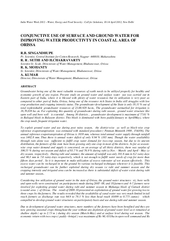 Conjunctive Use of Surface and Ground Water for Improving Water Productivity in Coastal Area of Orissa