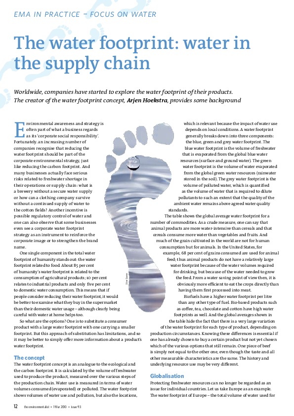 Concise and easily readable introduction of the water footprint concept: The water footprint: water in the supply chain