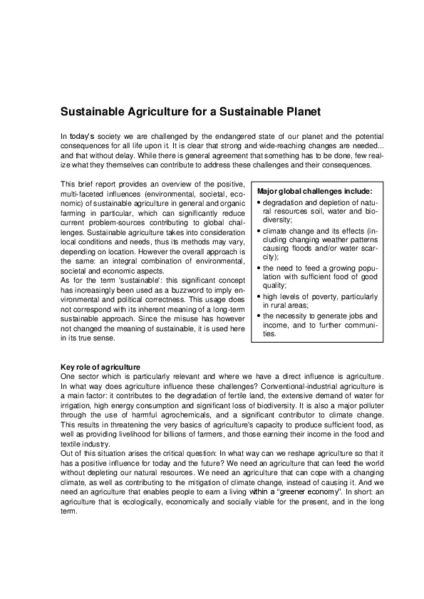 Sustainable Agriculture for a Sustainable Planet
