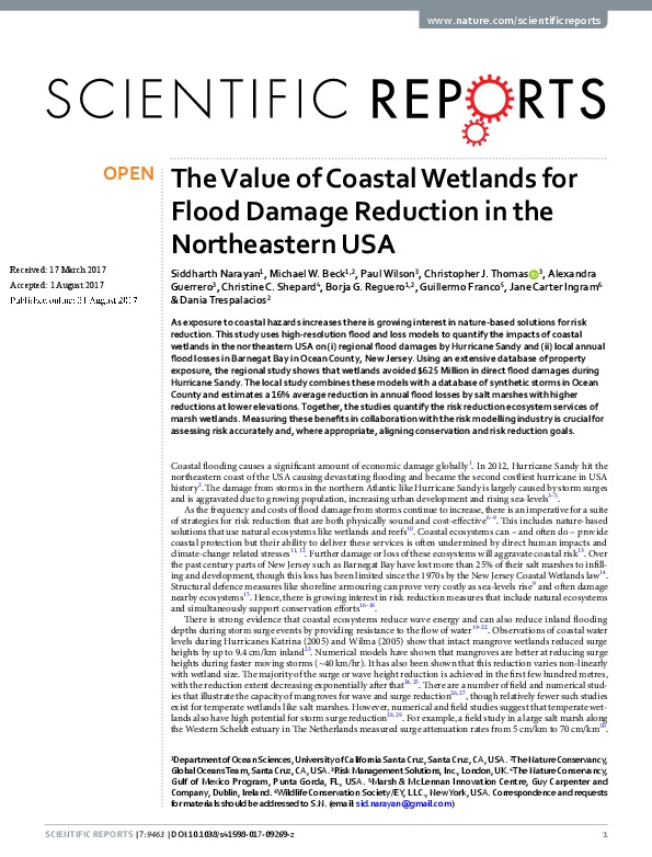 The Value of Coastal Wetlands for Flood Damage Reduction in the Northeastern USA