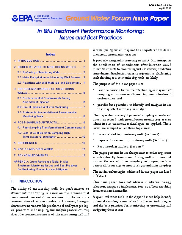 In Situ Treatment Performance Monitoring: Issues and Best Practices, 2018, EPA