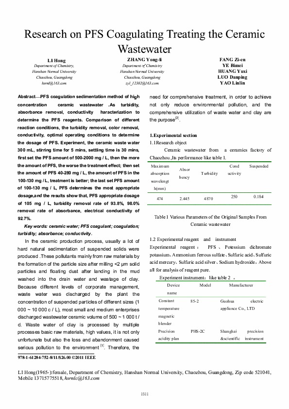 Research on PFS Coagulating Treating the Ceramic Wastewater