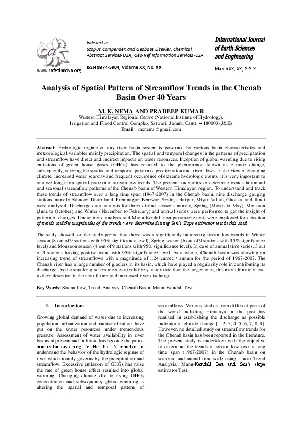 Analysis of Spatial Pattern of Streamflow Trends in the Chenab Basin Over 40 Years